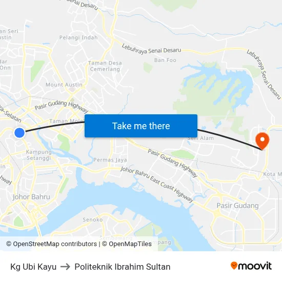 Kg Ubi Kayu to Politeknik Ibrahim Sultan map