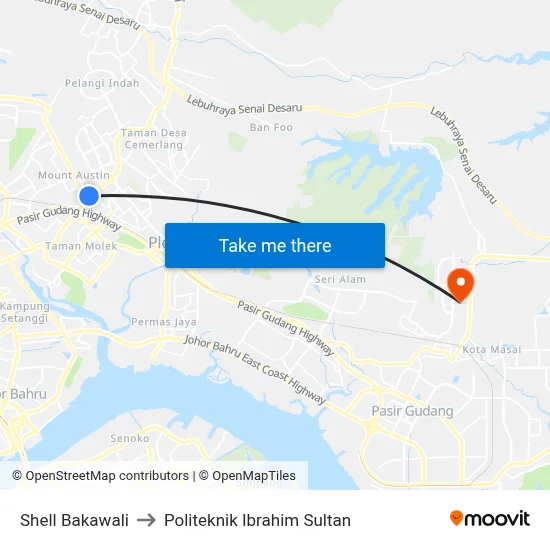 Shell Bakawali to Politeknik Ibrahim Sultan map