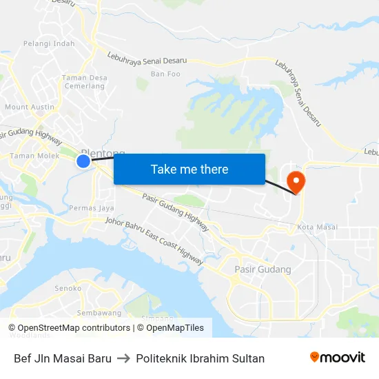 Bef Jln Masai Baru to Politeknik Ibrahim Sultan map