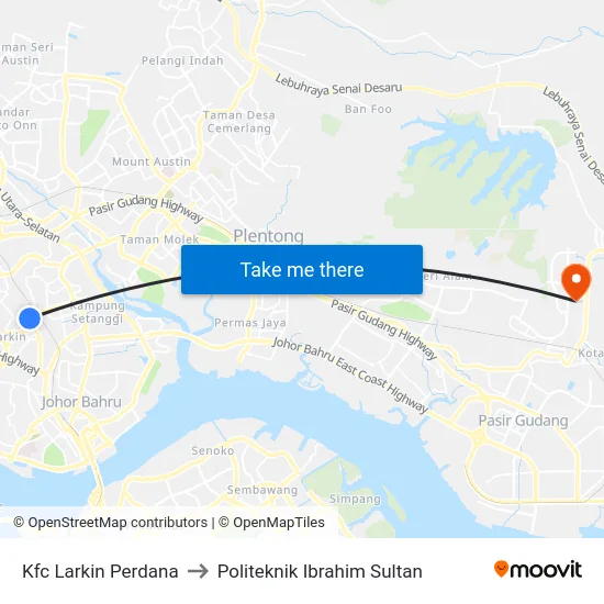 Kfc Larkin Perdana to Politeknik Ibrahim Sultan map