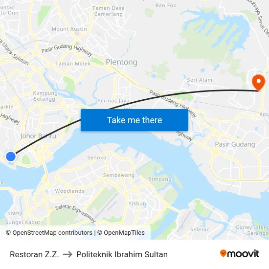 Restoran Z.Z. to Politeknik Ibrahim Sultan map