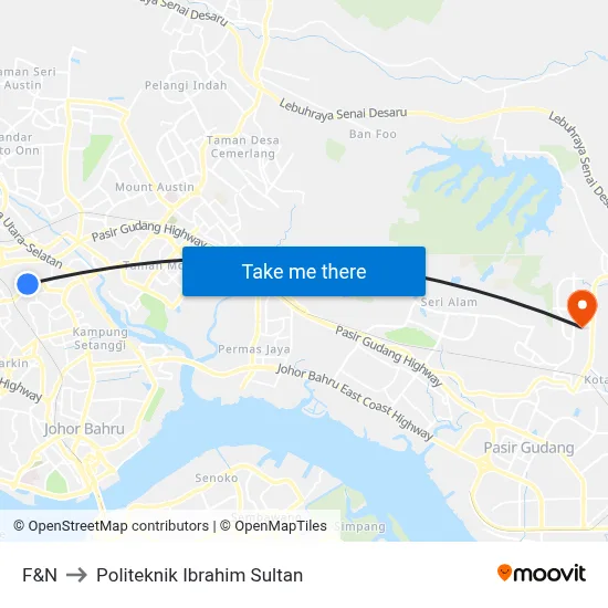 F&N to Politeknik Ibrahim Sultan map