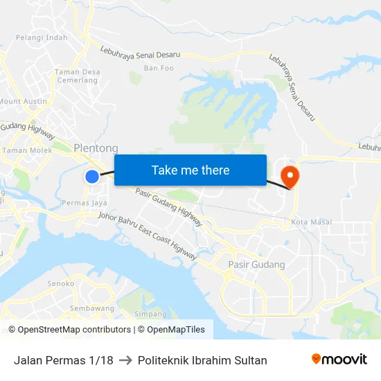 Jalan Permas 1/18 to Politeknik Ibrahim Sultan map