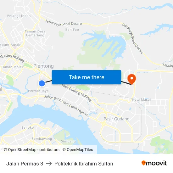 Jalan Permas 3 to Politeknik Ibrahim Sultan map