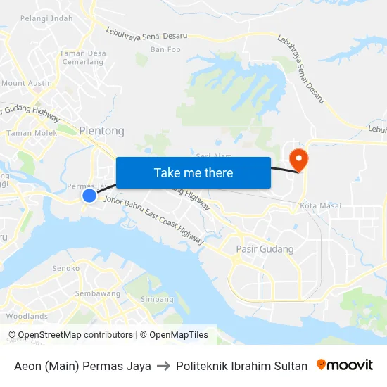 Aeon (Main) Permas Jaya to Politeknik Ibrahim Sultan map
