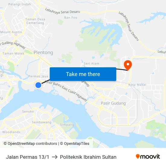 Jalan Permas 13/1 to Politeknik Ibrahim Sultan map