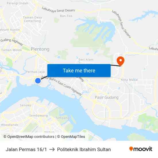 Jalan Permas 16/1 to Politeknik Ibrahim Sultan map