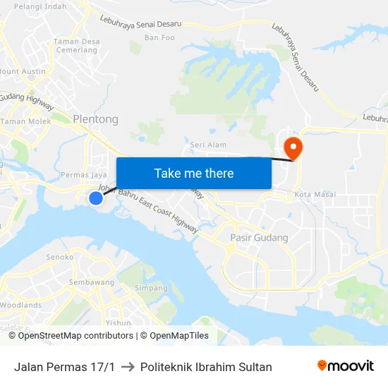 Jalan Permas 17/1 to Politeknik Ibrahim Sultan map