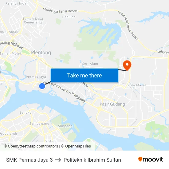 SMK Permas Jaya 3 to Politeknik Ibrahim Sultan map