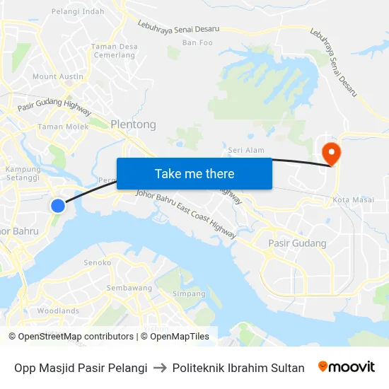 Opp Masjid Pasir Pelangi to Politeknik Ibrahim Sultan map