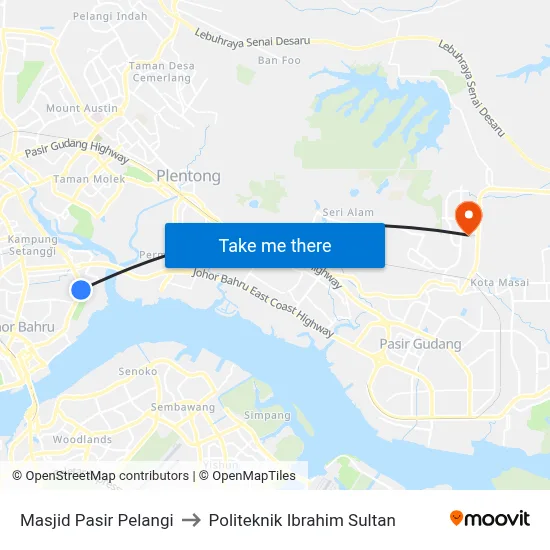 Masjid Pasir Pelangi to Politeknik Ibrahim Sultan map