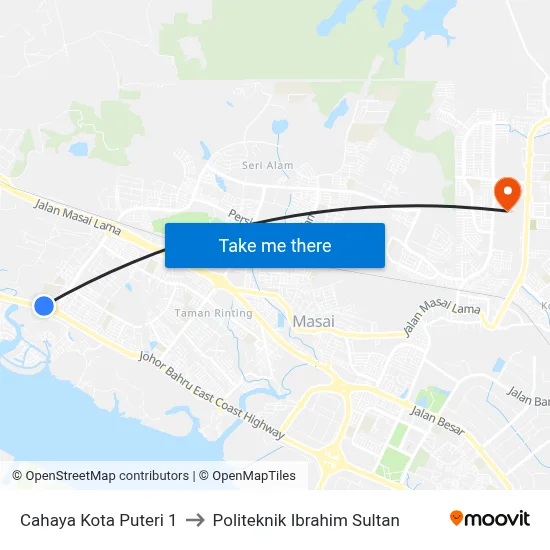 Cahaya Kota Puteri 1 to Politeknik Ibrahim Sultan map