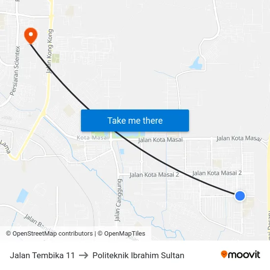 Jalan Tembika 11 to Politeknik Ibrahim Sultan map