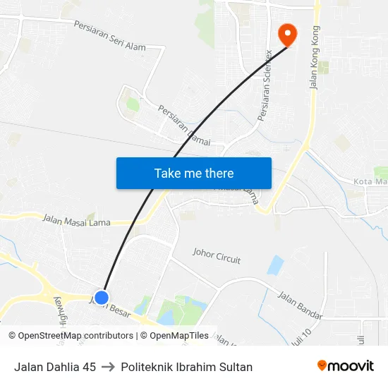 Jalan Dahlia 45 to Politeknik Ibrahim Sultan map