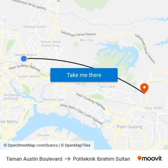 Taman Austin Boulevard to Politeknik Ibrahim Sultan map