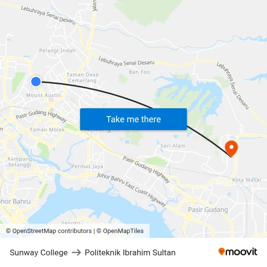 Sunway College to Politeknik Ibrahim Sultan map