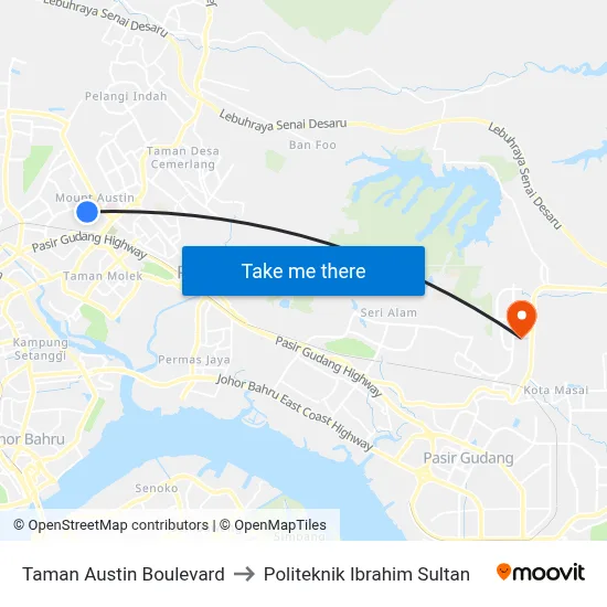 Taman Austin Boulevard to Politeknik Ibrahim Sultan map