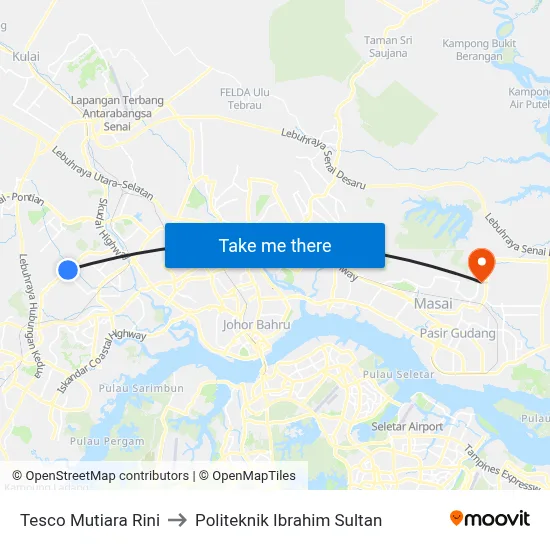 Tesco Mutiara Rini to Politeknik Ibrahim Sultan map