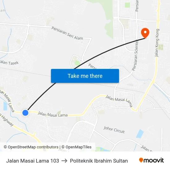 Jalan Masai Lama 103 to Politeknik Ibrahim Sultan map
