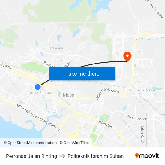 Petronas Jalan Rinting to Politeknik Ibrahim Sultan map