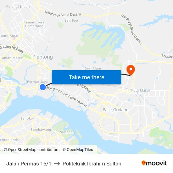 Jalan Permas 15/1 to Politeknik Ibrahim Sultan map