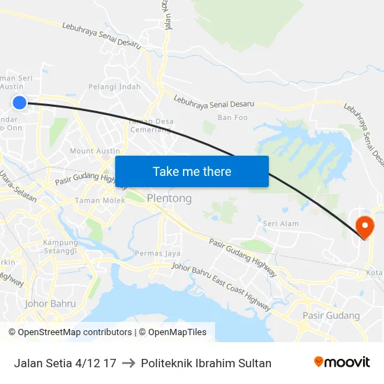 Jalan Setia 4/12 17 to Politeknik Ibrahim Sultan map