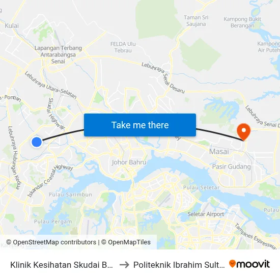 Klinik Kesihatan Skudai Baru to Politeknik Ibrahim Sultan map