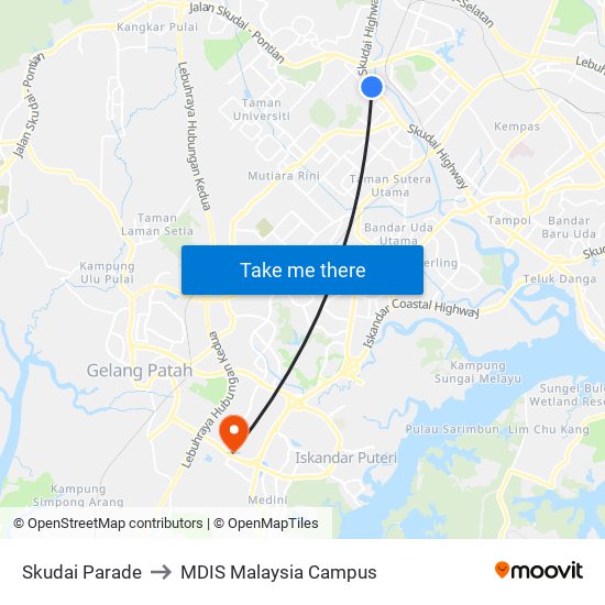 Skudai Parade to MDIS Malaysia Campus map