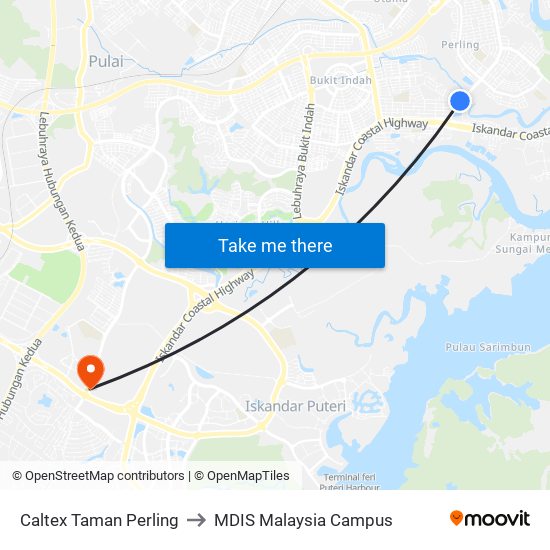 Caltex Taman Perling to MDIS Malaysia Campus map