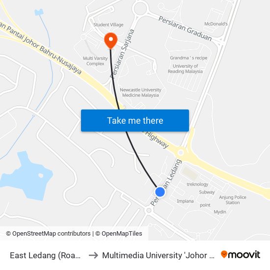 East Ledang (Road Side) to Multimedia University 'Johor Campus' map