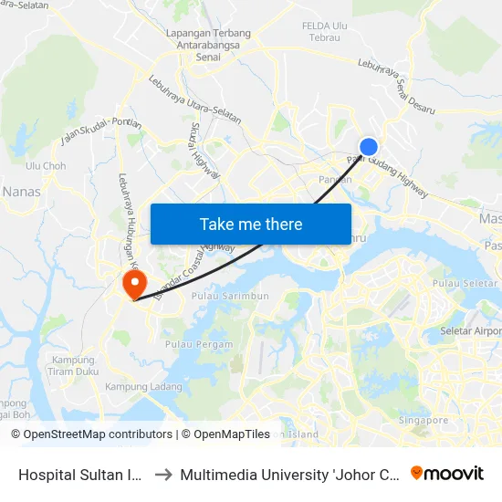 Hospital Sultan Ismail to Multimedia University 'Johor Campus' map