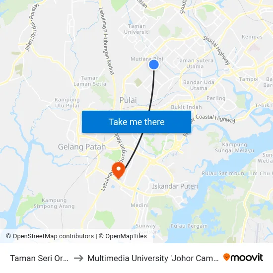 Taman Seri Orkid to Multimedia University 'Johor Campus' map