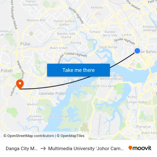 Danga City Mall to Multimedia University 'Johor Campus' map
