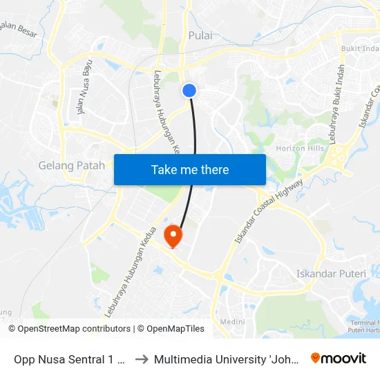 Opp Nusa Sentral 1 Bus Stop to Multimedia University 'Johor Campus' map