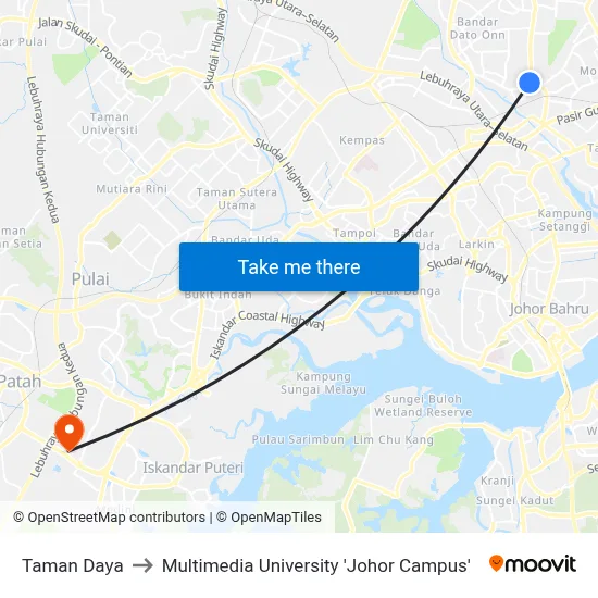 Taman Daya to Multimedia University 'Johor Campus' map