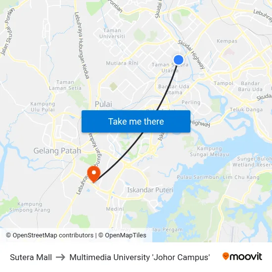 Sutera Mall to Multimedia University 'Johor Campus' map