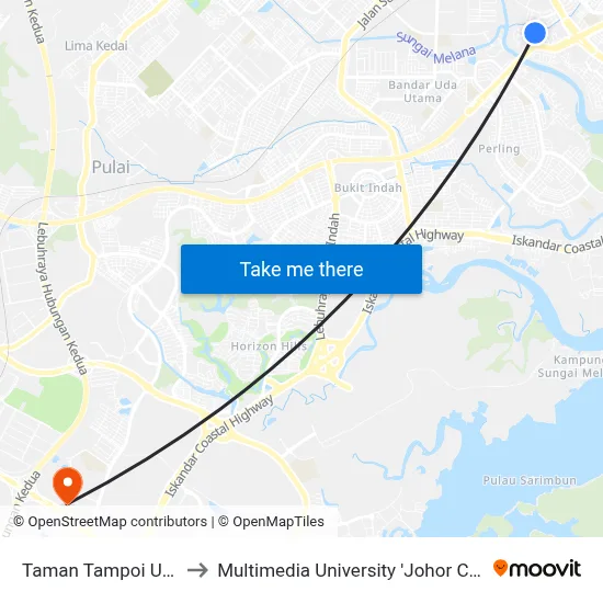 Taman Tampoi Utama to Multimedia University 'Johor Campus' map