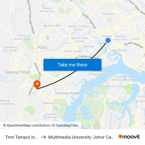 Tmn Tampoi Indah to Multimedia University 'Johor Campus' map