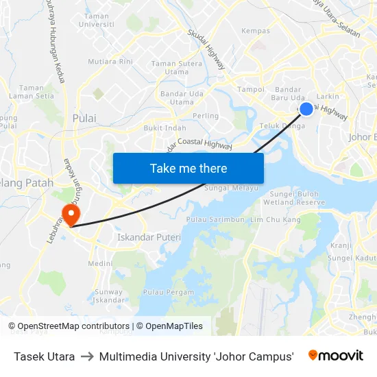 Tasek Utara to Multimedia University 'Johor Campus' map