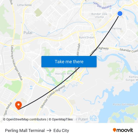 Perling Mall Terminal to Edu City map