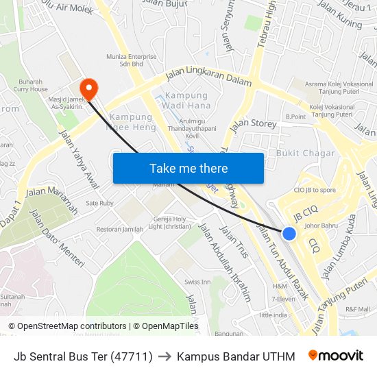 Jb Sentral Bus Ter (47711) to Kampus Bandar UTHM map