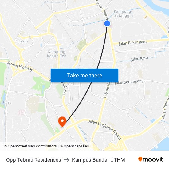 Opp Tebrau Residences to Kampus Bandar UTHM map