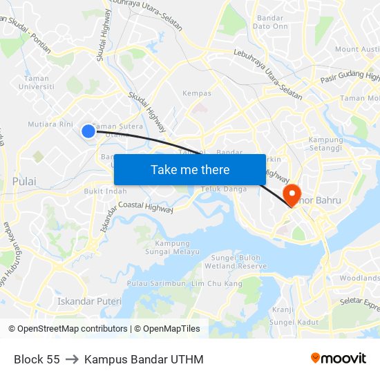 Block 55 to Kampus Bandar UTHM map
