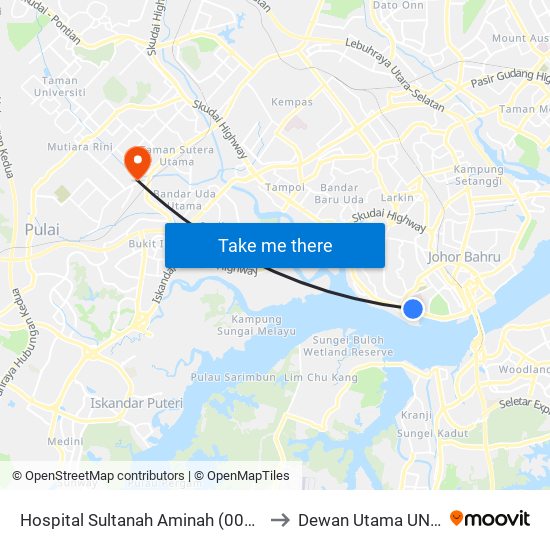 Hospital Sultanah Aminah (0004171) to Dewan Utama UNISEL map