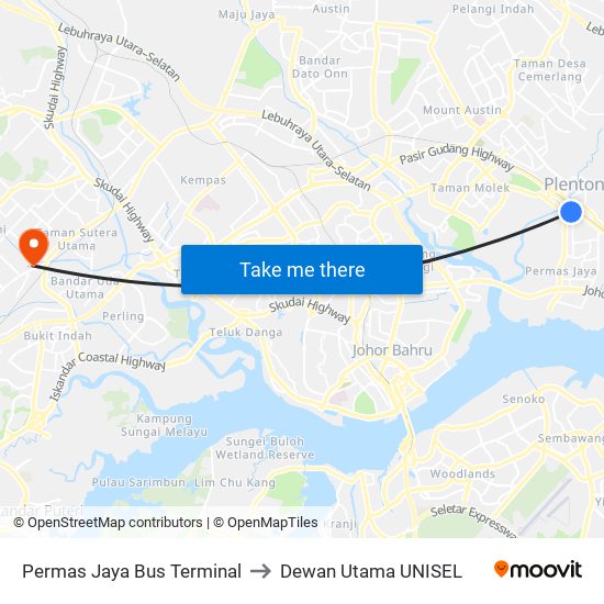 Permas Jaya Bus Terminal to Dewan Utama UNISEL map