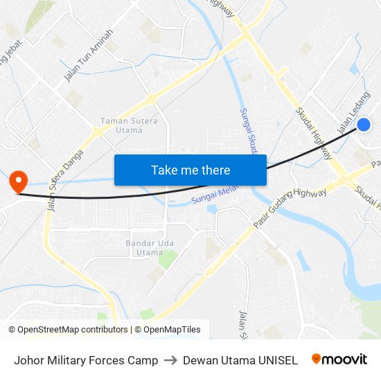 Johor Military Forces Camp to Dewan Utama UNISEL map