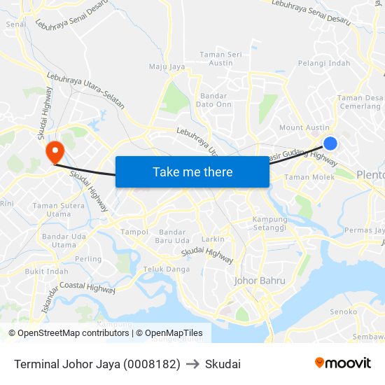 Terminal Johor Jaya (0008182) to Skudai map