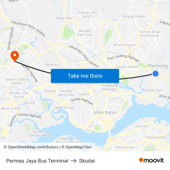 Permas Jaya Bus Terminal to Skudai map
