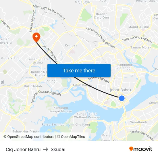Ciq Johor Bahru to Skudai map