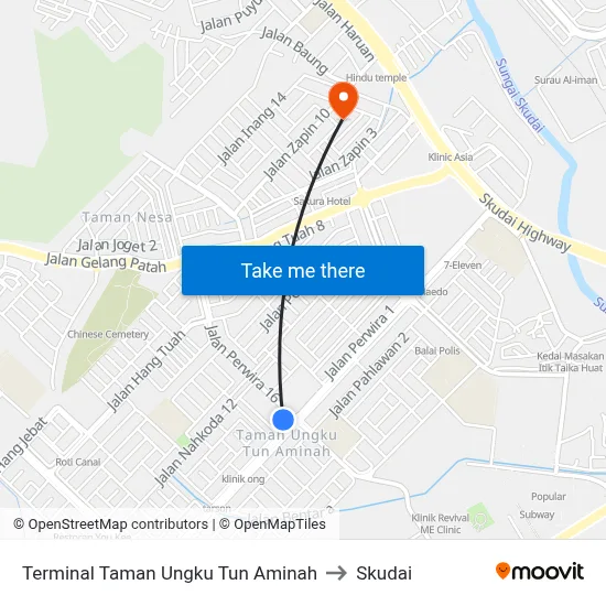 Terminal Taman Ungku Tun Aminah to Skudai map
